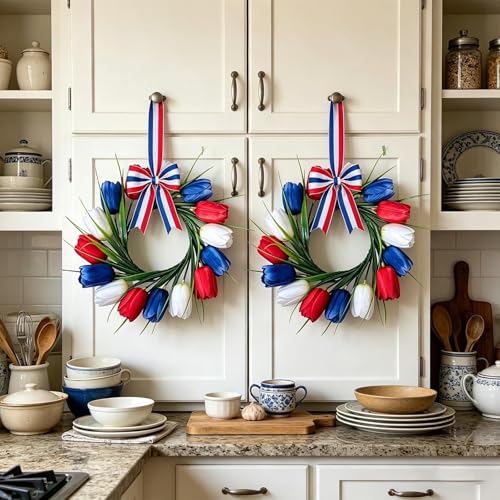 Image of 6 PCS 4th of July Candle Rings Wreaths Patriotic Tulip Silk Memorial Day American Flag Floral Candle Rings Holder with Red White and Blue Flower for Independence Day Labor Day Table Centerpiece Decor