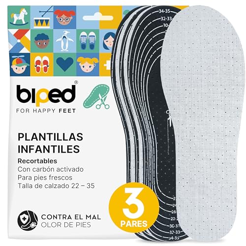 biped 3 pares de plantillas infantiles de látex con carbón activo – recortables – contra el sudor y el mal olor – adecuadas para todo tipo de calzado infantil z2726