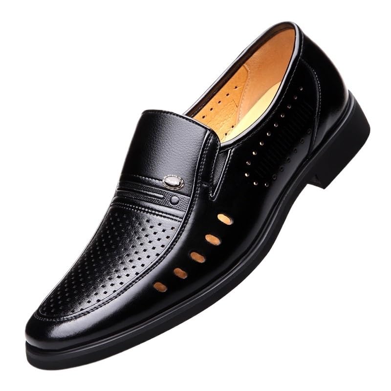 Mens Hollow Oxford Shoes Breathable Leather Slip On Business Casual Flat Footwear Black
