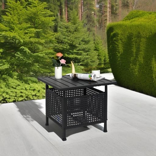 Miniatura 5 de VINGLI Mesa auxiliar para exteriores con agujero para sombrilla de 1.57 pulgadas, mesa auxiliar de metal para patio, mesa auxiliar para jardín,