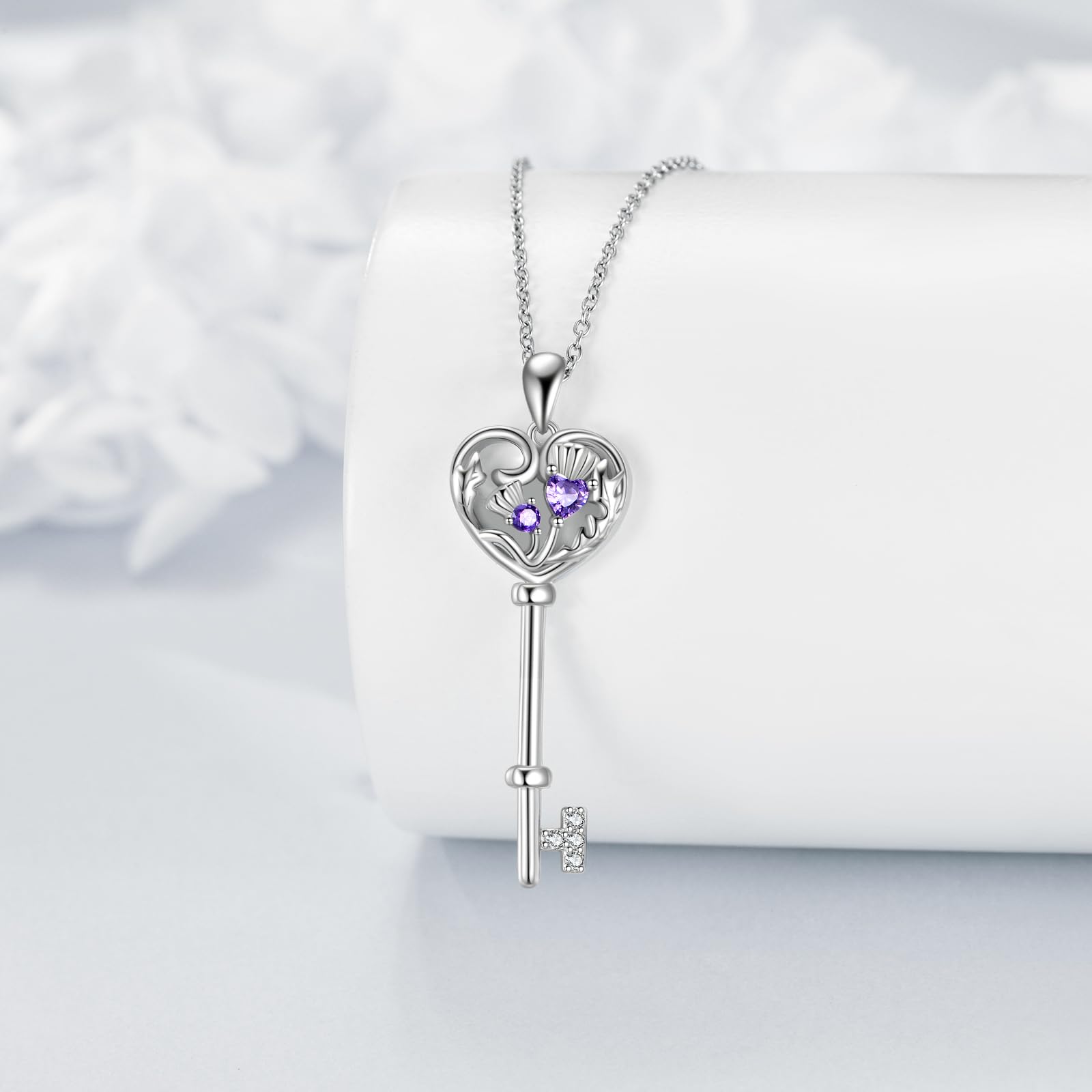 POPLYKE Schottische Distel Schlüssel Halskette für Frauen Sterling Silber Schlüssel Halskette Schottische Distel Anhänger lila Blume Schmuck für Frauen
