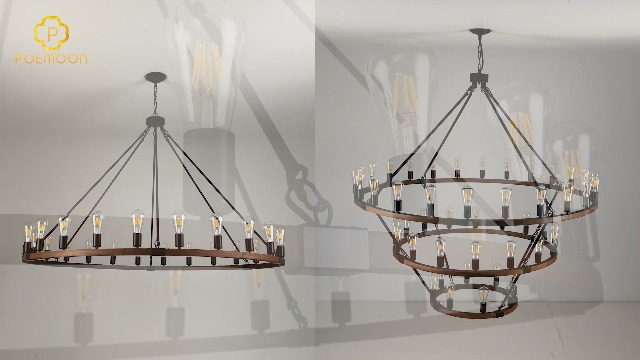 Image of Farmhouse Wood Wagon Wheel Chandelier 24-Light 43.3 inch Light Fixture