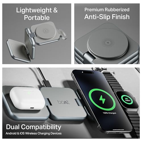 Image of Boat FlexCharge 360 3-in-1 15W Wireless Charger, Foldable, Magnetic Magsafe & Multi-Angle Charging; LED Indicator & Anti-Slip Finish for Apple iPhone 16|15|14, Apple Watch & AirPods (Slate Grey)