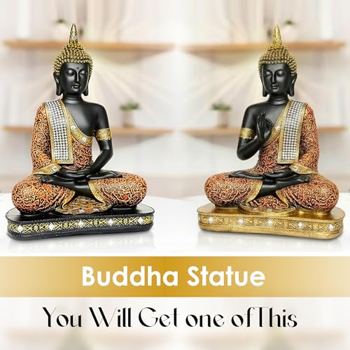 Image of GLUN Meditating Buddha Statue for Home Decor | 25 cm Sitting Buddha Idol Showpiece for Living Room, Office & Gift | Orange & Black | Heavy Polyresin (1 Piece)