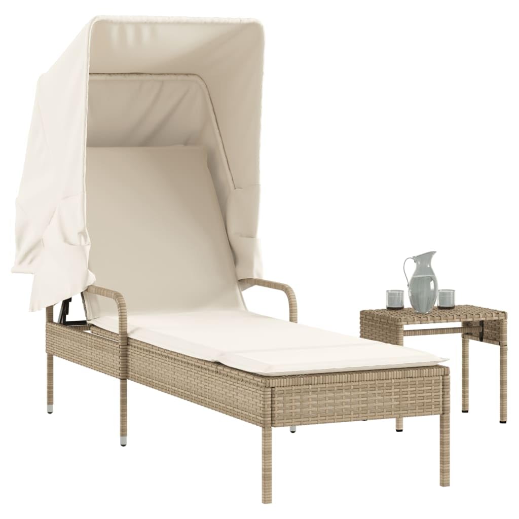 Rantry Lettino Prendisole con Baldacchino e Tavolino Beige Polyrattan,Arredo,Lettini Prendisole, Divano Letto Mobili, Lettino da Piscina, Lettino Prendisole da Giardino d