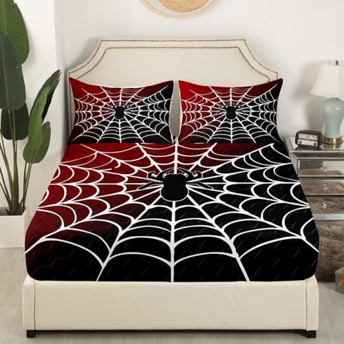 Parure de lit 4 pièces imprimé toile d'araignée blanche bordeaux et noir