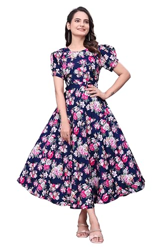 Image of Women's A-Line Crepe Maxi Dress | Stylish Fit and Flare Dress with Round Neck Short Puff Sleeves for Casual Wear