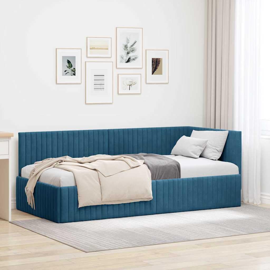 vidaXL Eckbettgestell mit Kopfteil Blau 90 cm x 190 cm Samt, Modernes Schlafzimmer mit vielseitigem Bett und Sofa, platzsparendem rechteckigen Tagesbett-Rahmen