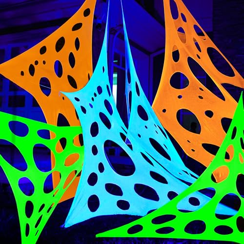 Image of JOYIN 1000sqft Halloween Spider Web Decoration Outdoor, Glow-in-the-Dark Giant Spiderweb, DIY Stretchy Flexible Beef Netting in White (Blue at Night) Green, Orange for Neon Decor Indoor Haunted House