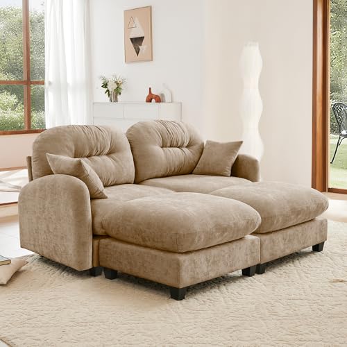 Image of KEIKI 74 inch Oversized Chenille Modular Sectional Loveseat Sofa with 2 Ottoman, High-Density Foam Cushions, Tufted Pleated Cushion Backrest, Modern 2-Seater Couch with 2 Pillow, for Living Room, Camel