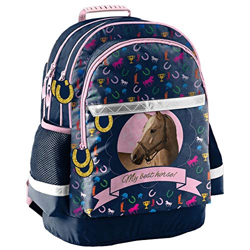 Mochila infantil  42 x 29 17 cm   diseño de caballo  color azul  rosa y multicolor