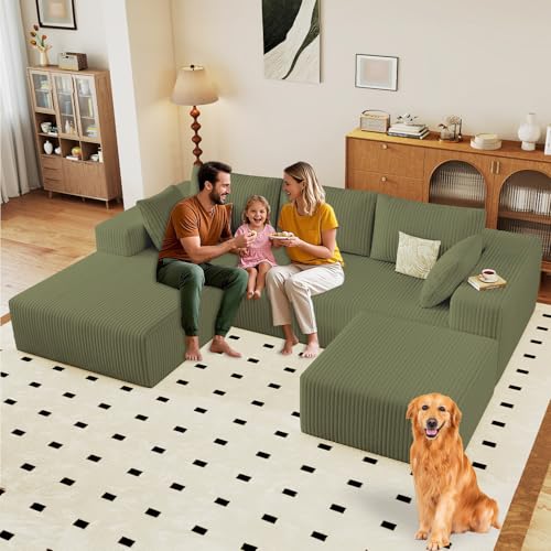 Image of 96 inch Modular Sectional Sofa with Ottoman, Modern Corduroy Cloud Couch with Deep Seat, Boneless Couch Upholstered 3-Seater U-Shaped Sofa for Living Room, No Assembly (Green, Left-Facing Chaise)