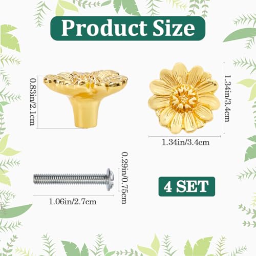 CREATCABIN 4 Set Vintage Gold Flower Drawer Knob Zinc Alloy Drawer Handles with Screw Drawer Pulls Replacement Accessories for Dresser Closet Cupboard Cabinet Door Knobs Kitchen Supplies 1.3x0.8in - Image 2