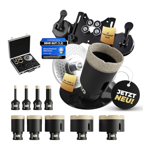 SilexTools Profi Diamant Fliesenbohrer Set - 11teilig [6|8|10|14|25|30|40|50|68mm] mit Bohrkronen, Schleifscheibe und Positionierhilfe, Diamantbohrer für Fliesen Granit Naturstein Feinsteinzeug