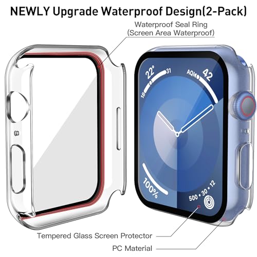 Image of Misxi [2 Pack Waterproof Hard Case with Tempered Glass Compatible with Apple Watch Series 9 (2023) Series 8 Series 7 45mm, Ultra-Thin Tough Cover for iWatch Screen Protector, Matte Transparent