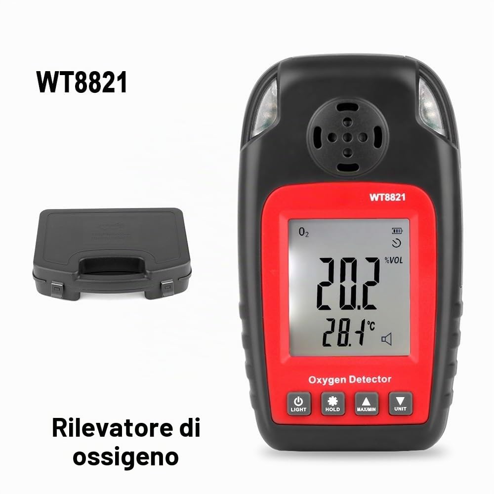 DEWIN Rilevatore di Ossigeno,0~25% Rilevatore di Gas Ossigeno misuratore ossigeno aria Vol Rilevatore Gas Portatile O2 Analizzatore di Ossigeno Tester con Display LCD WT8821