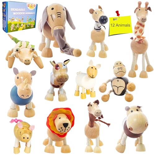 Image of TEKOR Bendable Wooden Animal Toys (Set of 12) | Ages 3 & up | Fun & Posable Animals for Toddlers | Preschool Montessori Toys | Smooth Natural Wood | Endless Play for Girls & Boys