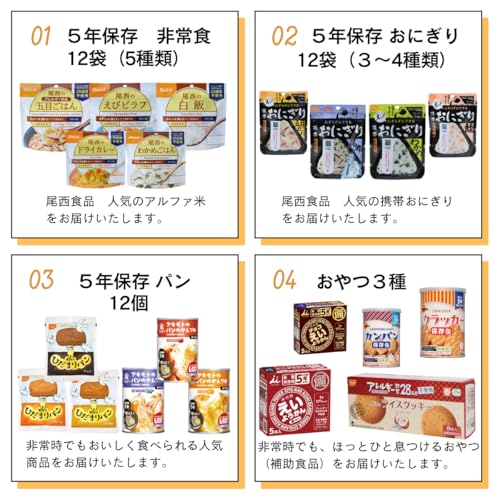 ノーブランド品 非常食セット 4人用 3日分 計36食+おやつ付き 尾西食品 アルファ米 携帯おにぎり パン 災害用 長期保存 備蓄食料 の商品画像 1
