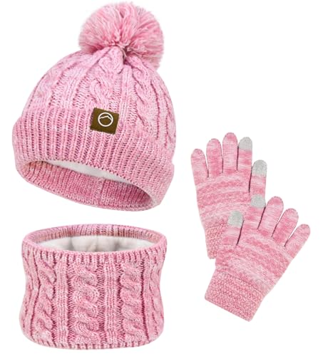 Image of ZOORON Kids Winter Hat Gloves Scarf Set, Girls Boys Hats Beanie with Pom | Children Knit Neck Warmer Mittens Fleece Lined Set Ages for 3-15, Kids Birthdays and Christmas Gifts