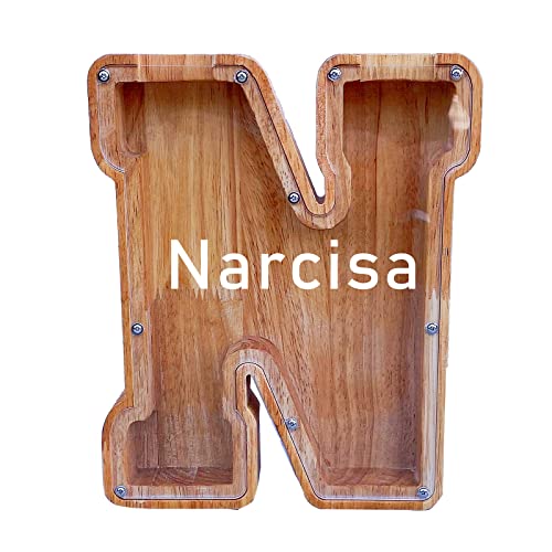 Large Piggy Bank for Kids Boys Girls, Personalized Wooden Letter Piggy Bank with Cut-Out Design, Alphabet Letter Coin Banks, Money Savings Box,Birthday Present for Kids Adults and Home Decoration (N)