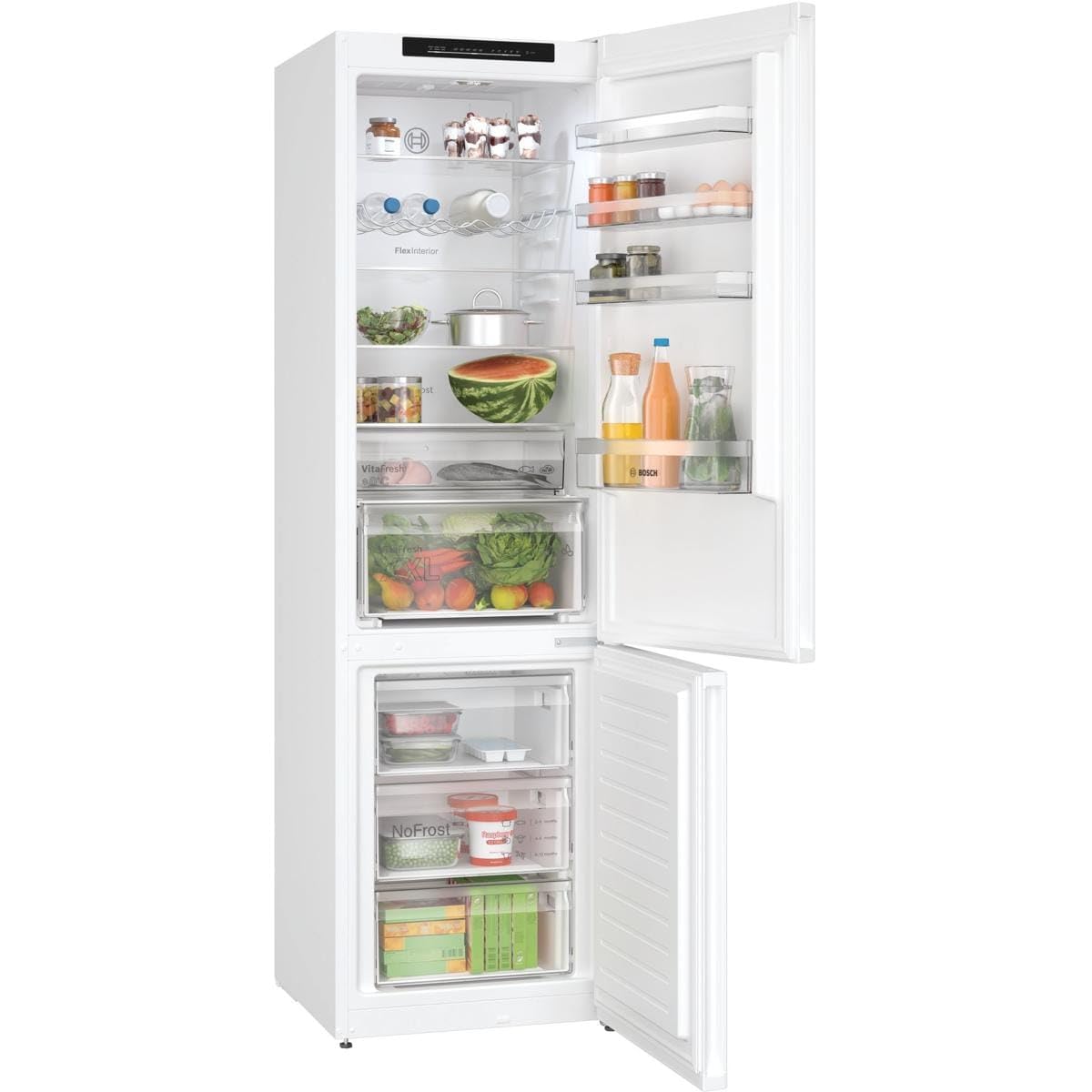 Bosch Serie 4 Kühl-Gefrier-Kombination 203 x 60 cm NoFrost KGN392WCF | VitaFresh XXL Frischesystem hält Obst und Gemüse länger knackig, LED-Beleuchtung, zwei getrennte Kühlkreisläufe, SuperKühlen