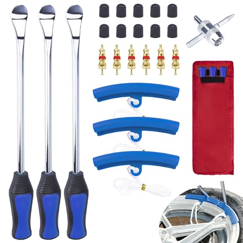 Image of 12.2 Inch Tire Spoons, Dirt Bike Tire Changing Tools, Tire Changing Kit, Tire Removal Tool, with Rim Protector, Valve Tool, Valve Cores and Caps, for Motorcycle /Lawn Mower /Tractor /Bicycle (Blue)