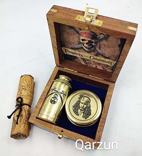 Brújula de latón con telescopio plegable en caja de madera miniatura 2
