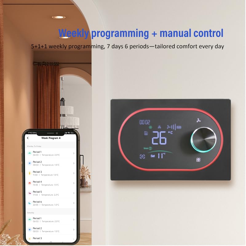BECA BAC-9000MLWE-FAN Termostato Smart WiFi per Fan Coil 2 Tubi, Ventola 0–10V Modulante + Valvola ON/OFF, Sonda NTC, App Tuya/Smart Life, Alexa/Google, IP20 – Expert4House Edition (Bianco)