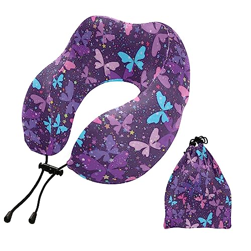Wusikd Travel Pillow Colored Butterflies Memory Foam Purple Neck Pillow for Traveling Sleep, Long Flight Rest, Office Break, Airplane Car Head Shoulder Back Support