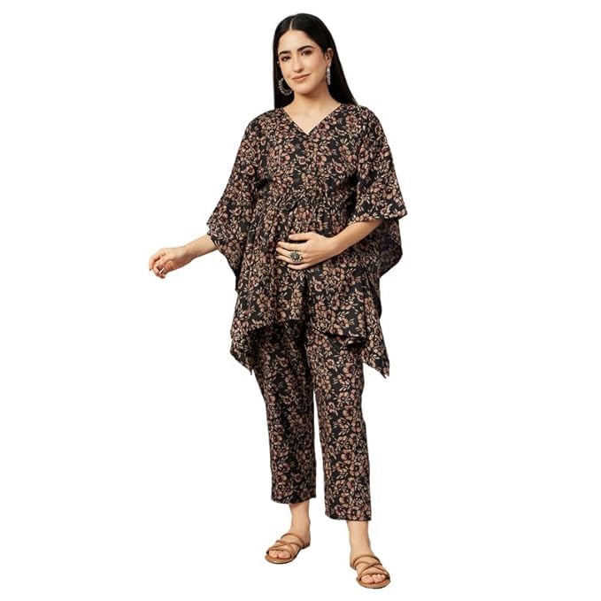 Women’s Rayon Printed Short Kaftan Set | Black V-Neck Top with Adjustable Waist & Relaxed Pants | Stylish Ethnic & Casual Wear – Size M-image-48