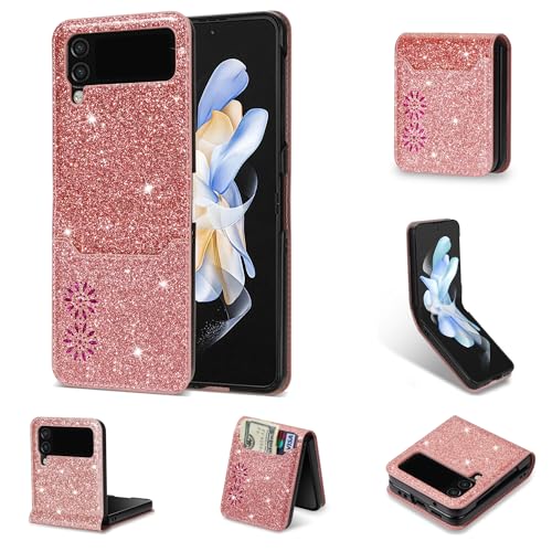 Funda cartera Samsung Z Flip 4 con tarjetero cremallera y correa rosa glitter para mujer