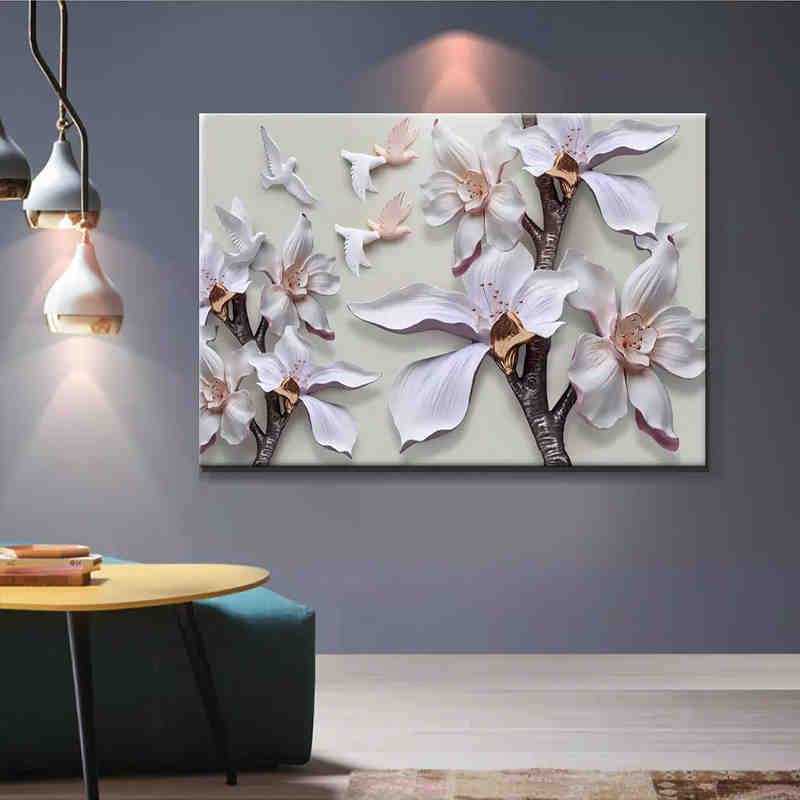 Modern Simple 3D Magnolia Flower Mural Wallpaper, White Flowers Trees Vintage Art Removable Wall Mural Photo Poster Paintings, Wall Decorations for Bedroom Living Room Corridor 137.8W x 100H