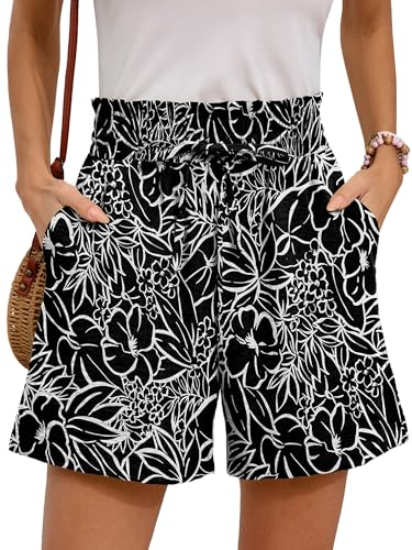 Moodclo Summer Casual Shorts White Flower Black 2X-Large with Pockets Loose Fitting 2025 Clothes High Waisted Wide Leg Drawstring Beach Vacation Trendy Outfits