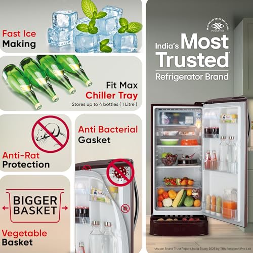 Image of LG 185 L, 5 Star, Direct-Cool, Smart Inverter Compressor, Single Door Refrigerator with Fast Ice Making (GL-D201ASFU, Scarlet Florance, Runs on Home Inverter, Moist 'N' Fresh & Base stand with drawer)