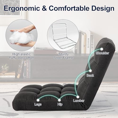 Image of Folding Floor Chair with Back Support, Adjust Lay Flat Recliner Oversized Lounge Wide Lazy Boy Gaming Ergonomic Single Sofa Seat for Living Room Bedroom(Black)