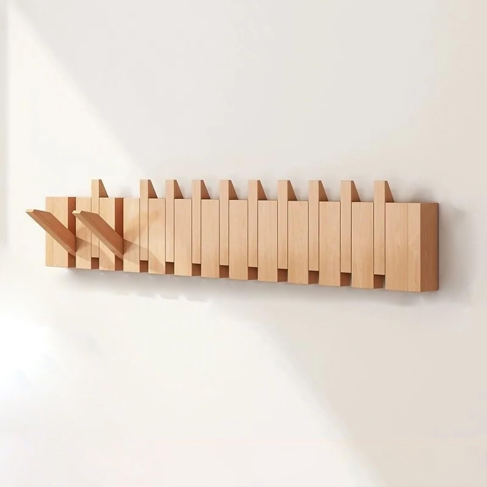 Buchenholz Wandgarderobe mit Klappbarem Klaviertasten-Haken, Wandhaken