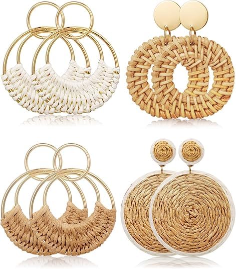 Juego de 4 pares de aretes colgantes redondos de ratán de rafia hechos a mano para mujer, bonitos y divertidos aretes de aro, talla única, Acrílico, Crystal