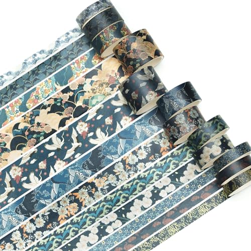 KAVI' S Kyoto 12 rouleaux Washi Tape Set, Ruban Adhésif Décoratif Œuvre d’art inspirée Feuille d’or Masking Tapes pour Arts, Bullet Journal, Scrapbooking, Bricolage, Emballage (Cerulean Showa) – vue 2