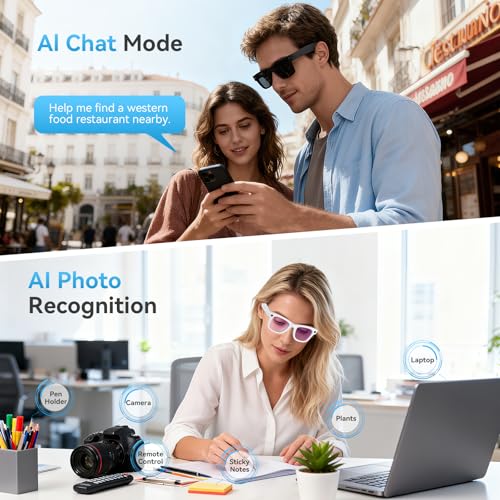 Image of AI Smart Glasses with Camera and Bluetooth,8MP 2K HD Camera Glasses,AI Voice Control,AI Photo Recognition and Translation,Smart Anti-Blue Light Glasses,IP67 Waterproof for Driving,Outdoor,+2 Lenses.