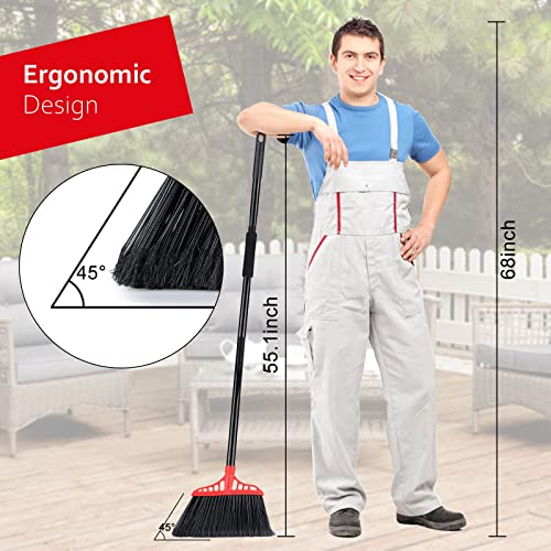 Heavy Duty Broom Outdoor/Indoor Commercial Broom With 55" Long Handle, Wide Angle Corner Broom Perfect For Garage Patio Kitchen Sidewalk Deck Porch Driveway Floor Room Rubbish Sweeping - Black And Red #TOP4