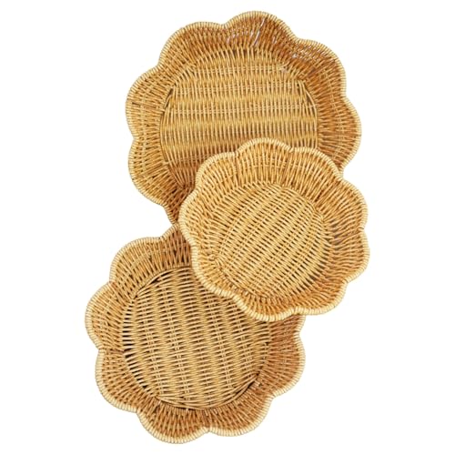 Vintage Wicker Picnic Basket Set of 3 - Circular Wavy Edge Fruit & Food Baskets, Assorted Sizes for Home, Outdoor Camping, Party Decor and Housewarming Gift