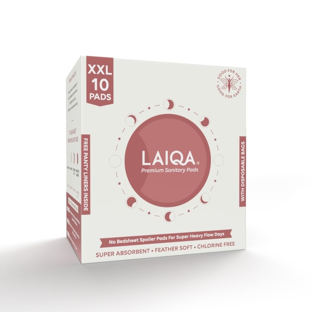 LAIQA Premium Rash Free Sanitary Pads 30 XXL (Double Extra Large) Super Heavy Flow with 30 Disposable Bags Plus 9 Free Panty Liners | Made with Natural Fibers | Leak Proof Pads With 4 Wings | No Chlorine No Fragrance | Pack of 3 (B0BZV9LFW8) Amazon Price History, Amazon Price Tracker
