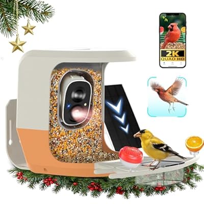 Bird Feeder with Camera, Permanent Free AI Identification of More Than 11,000 Bird Species, 2.5K HD Resolution, Solar Powered Wireless Outdoor Design, App Reminder