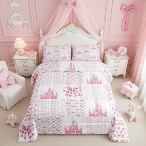 Manfei Princess Castle Comforter Set,Dreamy Bow-tie Bowknot Fairy Tale Kawaii Bedding Set for Teens Young Room,Pink White Geometric Plaids Patchwork Quilt Set 3 Pcs with 2 Pillowcases,Full