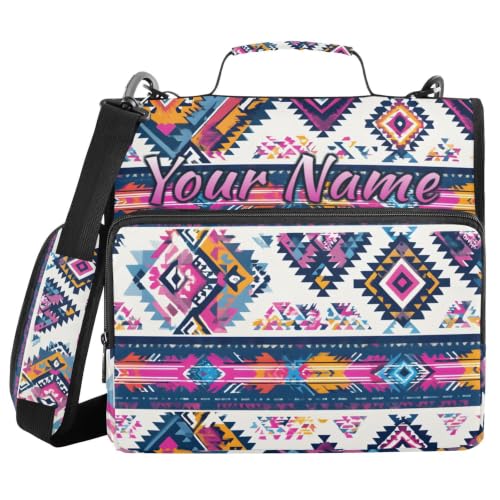 Image of Custom 3 Ring Zipper Binder Purple Ethic Aztec Personalized Name 1.5 Inch Binders Large Capacity Multi Pockets for School Office Supplies