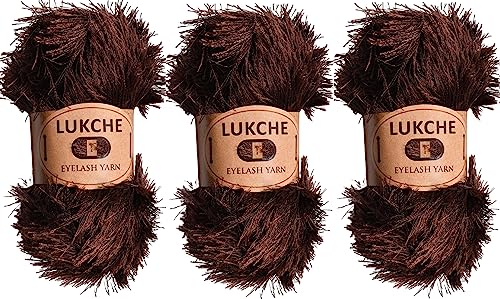 Image of Eyelash Fun Fur Yarn Premium 100% Polyester 164 Yds (150 Mt), 3.53 Oz (100 Gr) Colorful Crochet Yarn Dıy Hand Knitting (Brown, 3 Skein)
