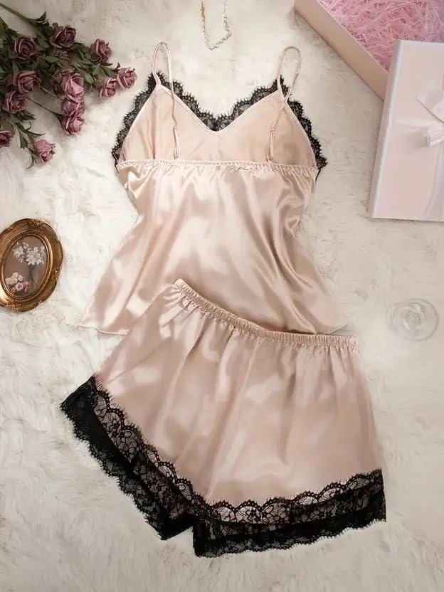 Image of Women's Satin Pajama Set with Lace Trim Camisole Top and Shorts Sleepwear Set Pack of2-1top 1nikkar