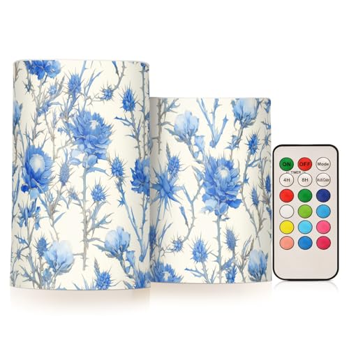 famyily Velas decorativas de control parpadeante retro con rosas azules y blancas, cardos y espinas, luces electrónicas sin fuego con control remoto para Navidad al aire libre, funciona con pilas