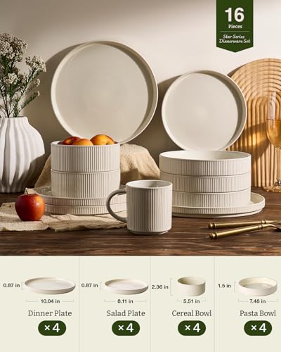 Image of Famiware Star Stoneware Dinnerware Sets with Pasta Bowls, 16pc Dishes for 4 | Ceramic Flat Plates and Double Bowls. Chip & Scratch Resistant. Microwave & Dishwasher Safe, Everyday & Party Use, Oat White