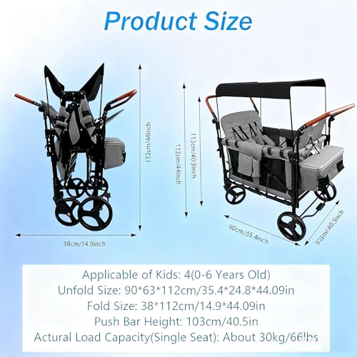 Passeggino Pieghevole, Carrello a 4 posti con cinture a 5 punti, parasole, tasche laterali e barra di spinta for età da 0 a 6 anni - Grigio